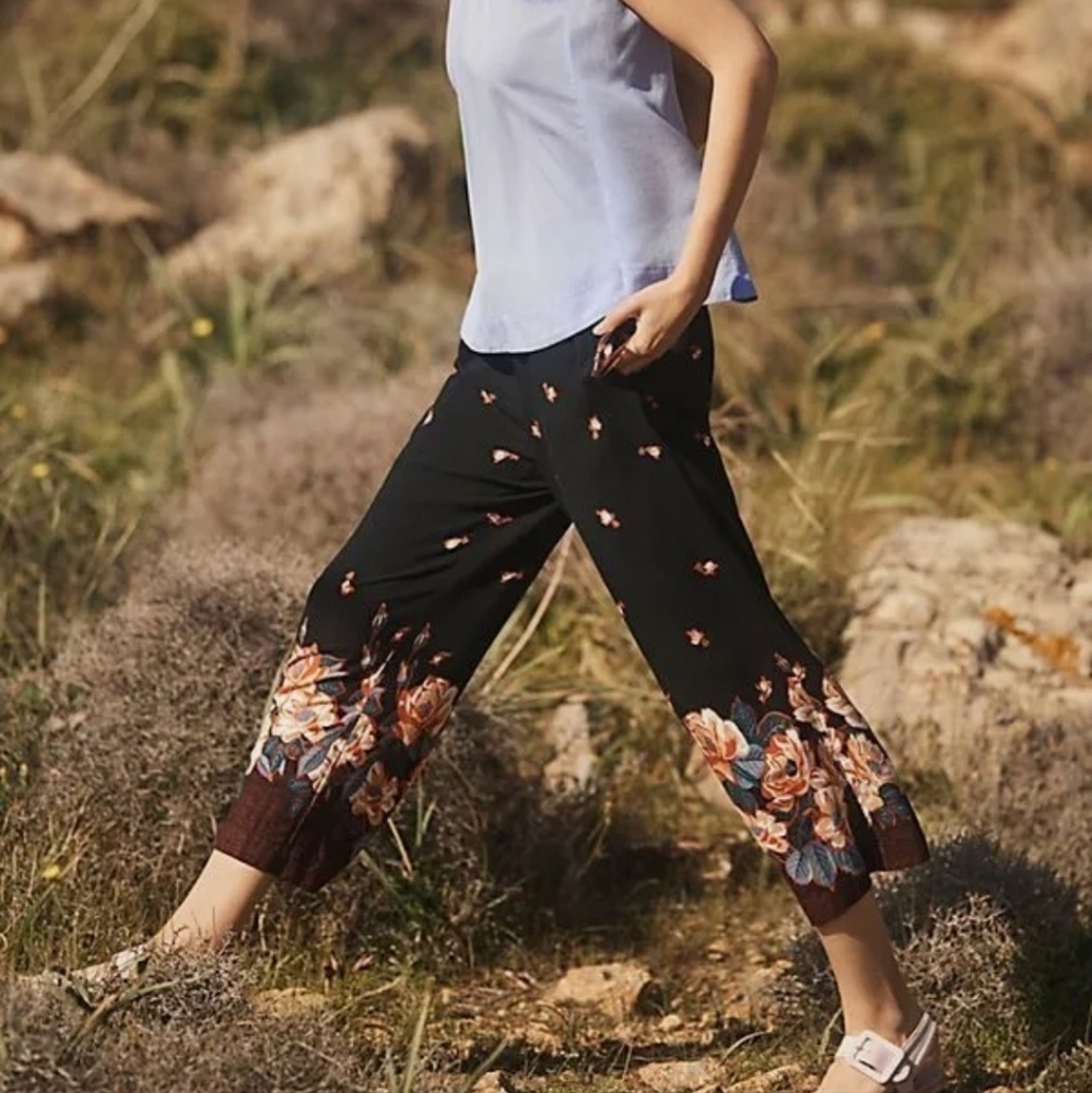 Anthropologie Ett Twa Black Floral Cropped Wide Leg Pants Womens Size XS Petite - Picture 16 of 16